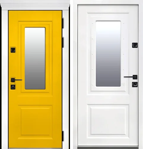 Жёлтая входная дверь с белыми наличниками дизайнерская №2