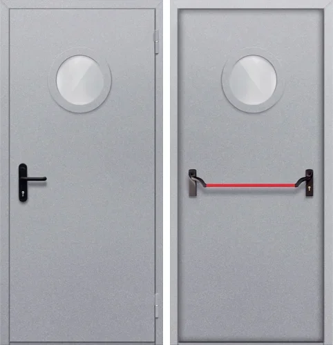 Дверь противопожарная однопольная с круглым стеклом и антипаникой №7