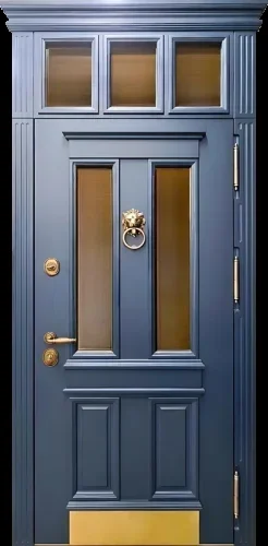 Остеклённая синяя дверь с кнокером и отбойником №72