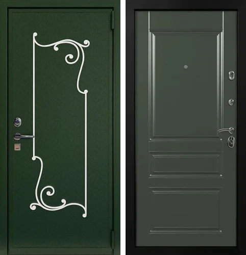 Входная дверь зелёного цвета с ковкой  №6
