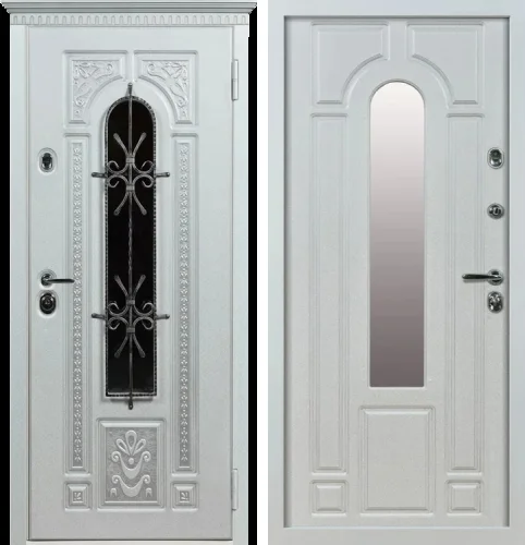 Белая металлическая входная дверь со стеклом и ковкой №11
