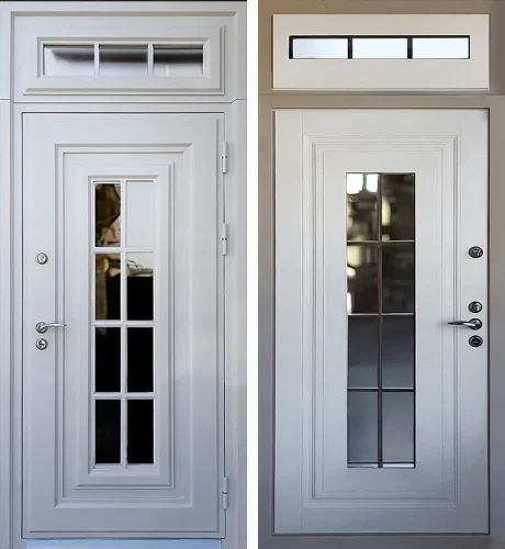 Белая входная дверь с фрамугой и стеклопакетом №25