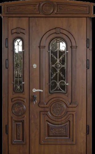 Входная парадная дверь с ковкой и стеклом №10