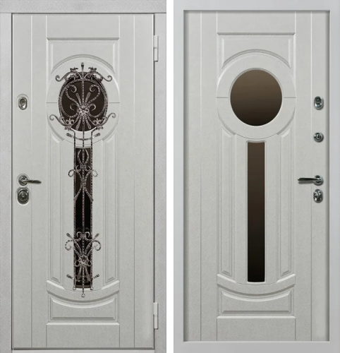 Белая металлическая дверь с окном и ковкой №10