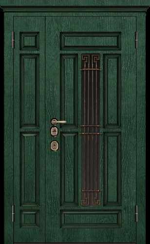 Двухстворчатая металлическая дверь зеленого цвета МДФ №39